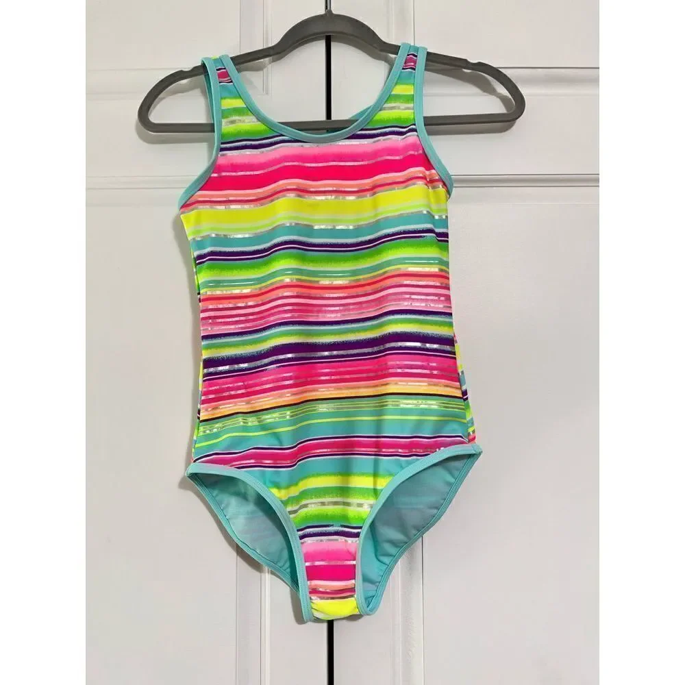 ‎Girls One Piece Swimsuit Shiny Stripes Back Cross-Straps